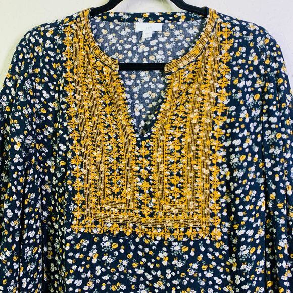 J. JILL Dress Tunic Knee Length Floral VNeck Gold Embroidered Detail Tunic Boho - Picture 4 of 14